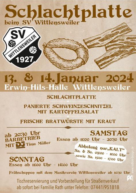 Leckere Schlachtplatte, Schnitzel und Bratwürste erwarten Sie beim Fest in Wittlensweiler!