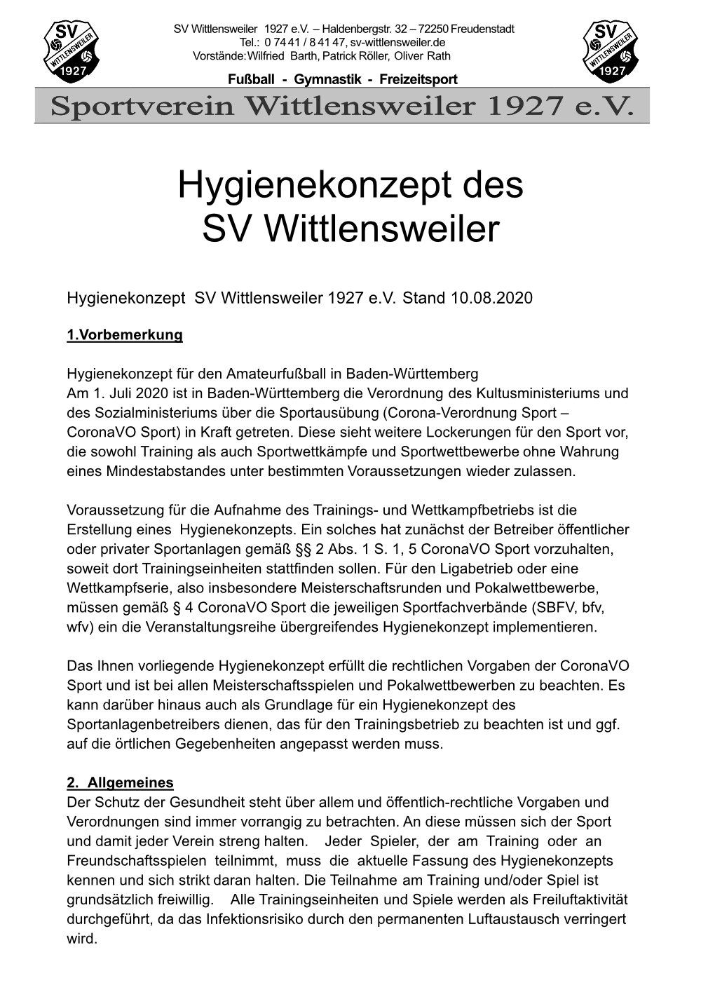 SV Wittlensweiler - Hygienekonzept